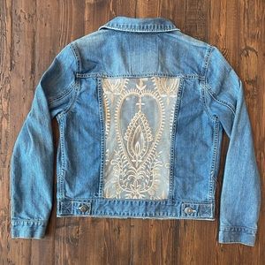 Upcycled Lace Insert Distressed Denim Jean Jacket